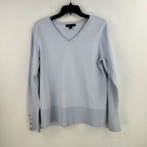 Ann Taylor Top Womens‎ Large Blue Nylon Stretch Vneck Button Sleeve Minimalist